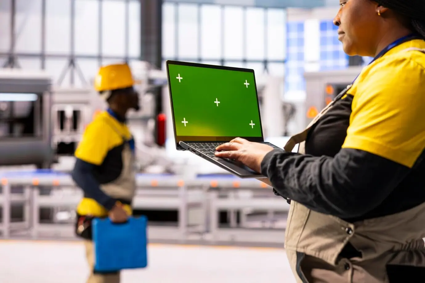 Интеллектуальная промышленная автоматизация с макетом экрана ноутбука для цифрового интерфейса.