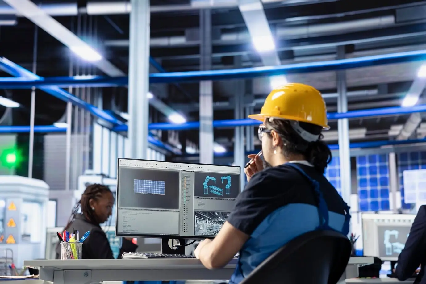 Технический руководитель завода по производству солнечных панелей, контролирующий потребление энергии в реальном времени