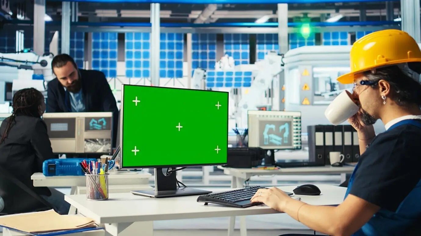 Инженер на заводе по производству солнечных панелей использует программное обеспечение САПР на макетном ПК для оптимизации компоновки.