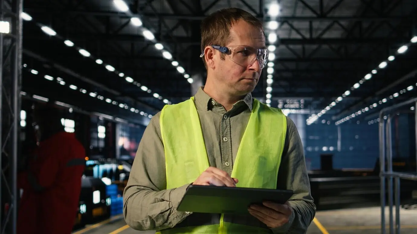 Сотрудник фабрики надзирает за тяжёлыми инструментами рядом с искрами сварки, пользуясь планшетом и средствами защиты.