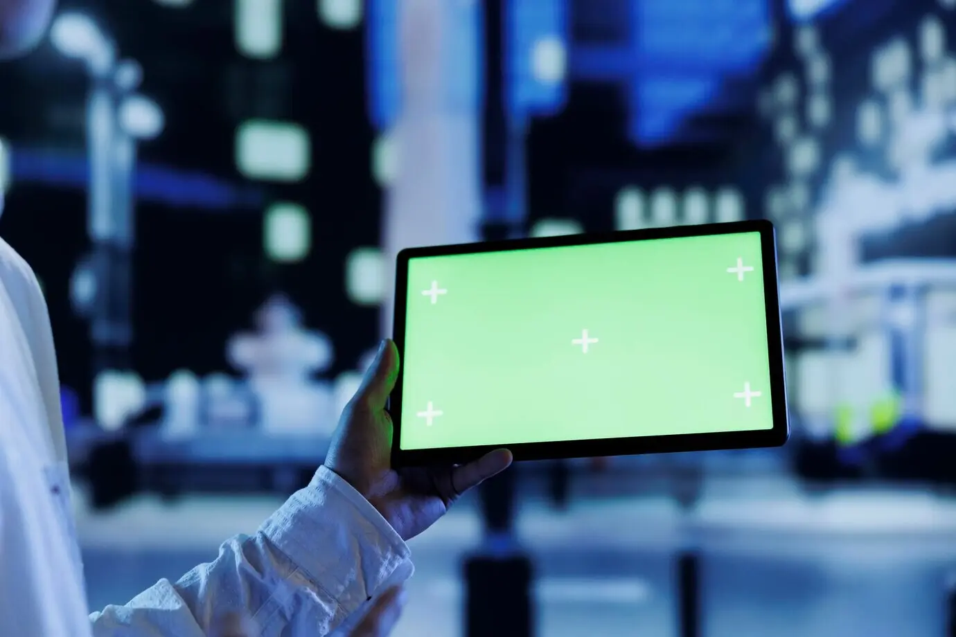 В городе мужчина использует макет планшета.